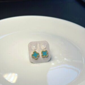 Azure Clover Studs: Turquoise Enamel & Gold Beaded Earrings